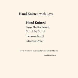 Information card showing that every personalized baby sweater is hand knitted from start to finish, never machine knitted, and made to order.