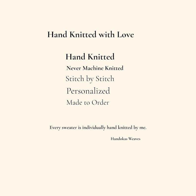 Information card showing that every personalized baby sweater is hand knitted from start to finish, never machine knitted, and made to order.