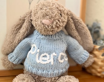 Suéter personalizado tejido a mano para conejito Jellycat, ropa de juguete.