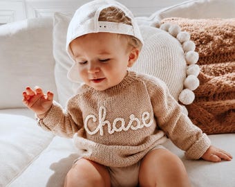 Baby Name Sweater, Hand Knitted Jumper, Toddler Sweater, Baby sweater, Custom Newborn Sweater,Hand embroidered sweater,baby jumper