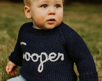 Hand-Knitted Personalized Baby Sweater, Embroidered Name, Custom Knit Jumper