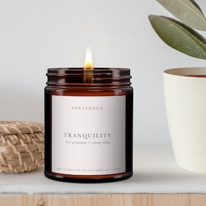 Peut inclure: Une bougie en pot de verre brun allumée avec une étiquette blanche indiquant "INESSENCE TRANQUILITY rose geranium + ylang ylang". La bougie est de 236 ml. Un panier tressé et un pot blanc avec une plante sont en arrière-plan.