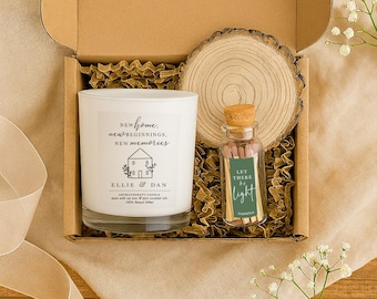 Personalised New Home Candle Gift, Housewarming Gift Set with Matches & Gift Box, Giftwrapped, Natural Aromatherapy Soy Candle