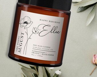 Gepersonaliseerde kaars met geboortebloem van augustus: Aromatherapie essentiële oliën verjaardagscadeau