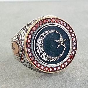 KALIMA TAWHID RING-Islamic Ring-Tawhid with Star and Crescent-Muslim Ring-Arabic Calligraphy-Sterling Silver Ring-Islam Gift