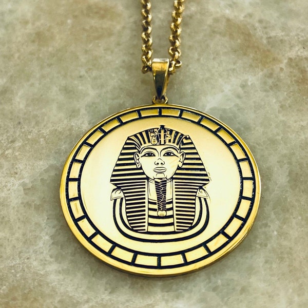 Vintage Egyptian King Tut Sphinx Coin Pendant Necklace - Gold & Silver Tone Alloy, Adjustable Cord