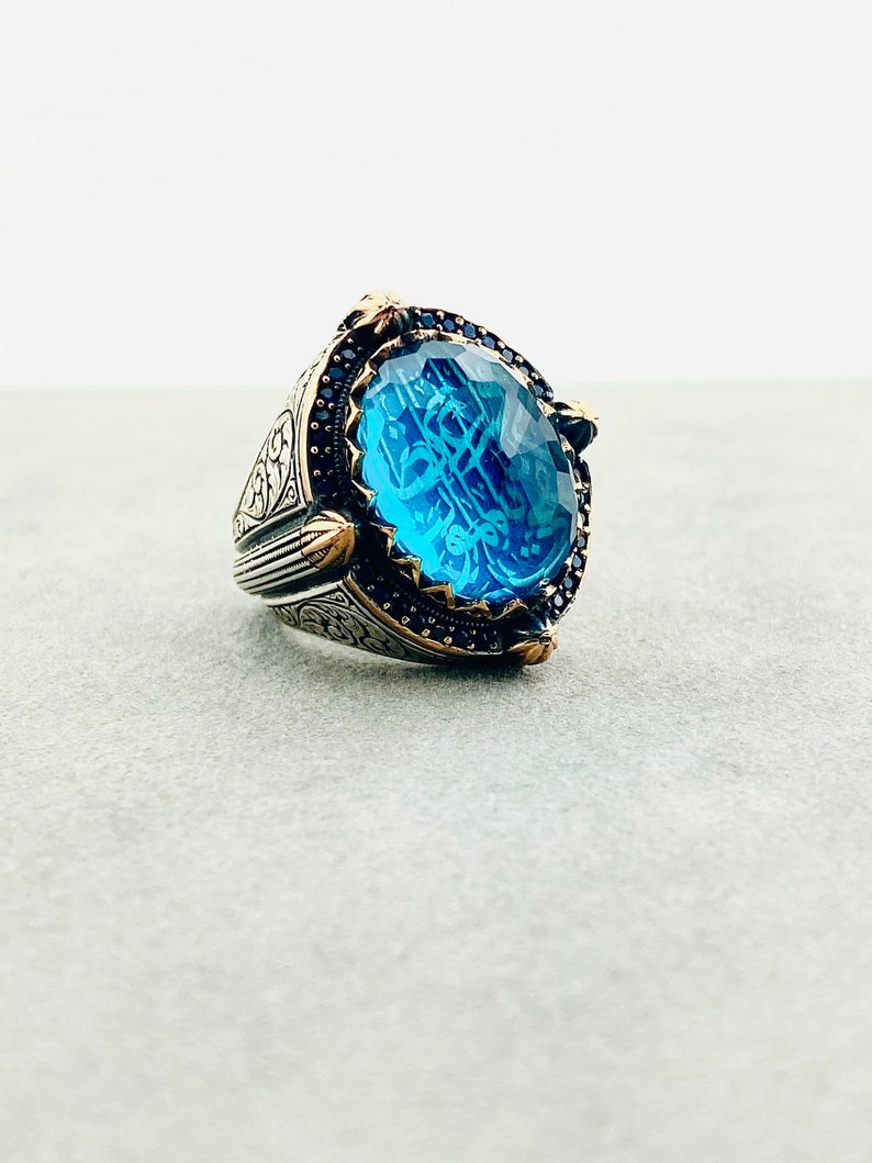 ISLAMIC Ring Delicate Antique Ring TURKISH RING 925 Silver Blue Gemstone Ring Gift for Friend Muslim Mystic Topaz Ring
