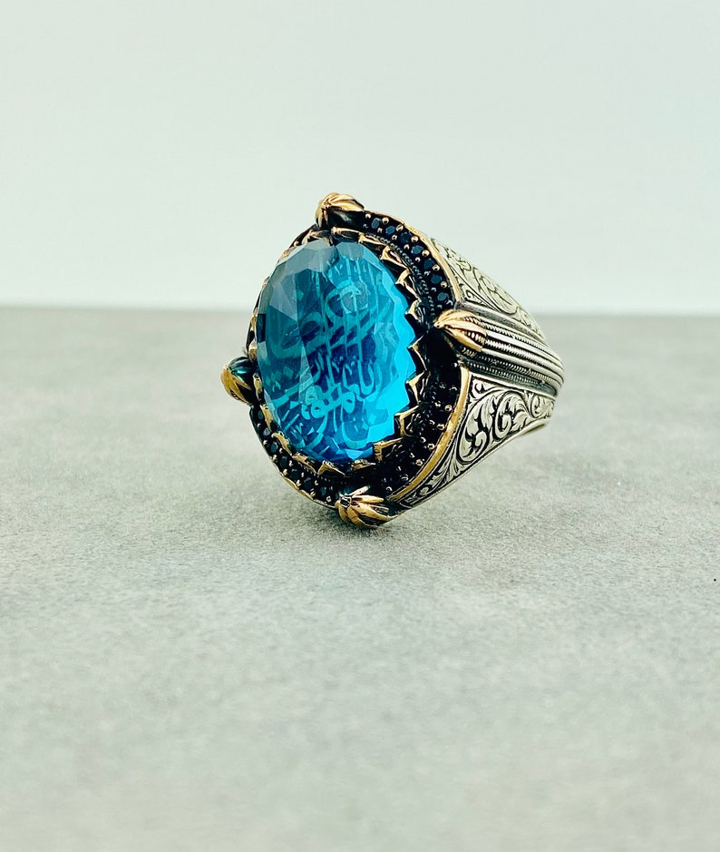 ISLAMIC Ring Delicate Antique Ring TURKISH RING 925 Silver Blue Gemstone Ring Gift for Friend Muslim Mystic Topaz Ring