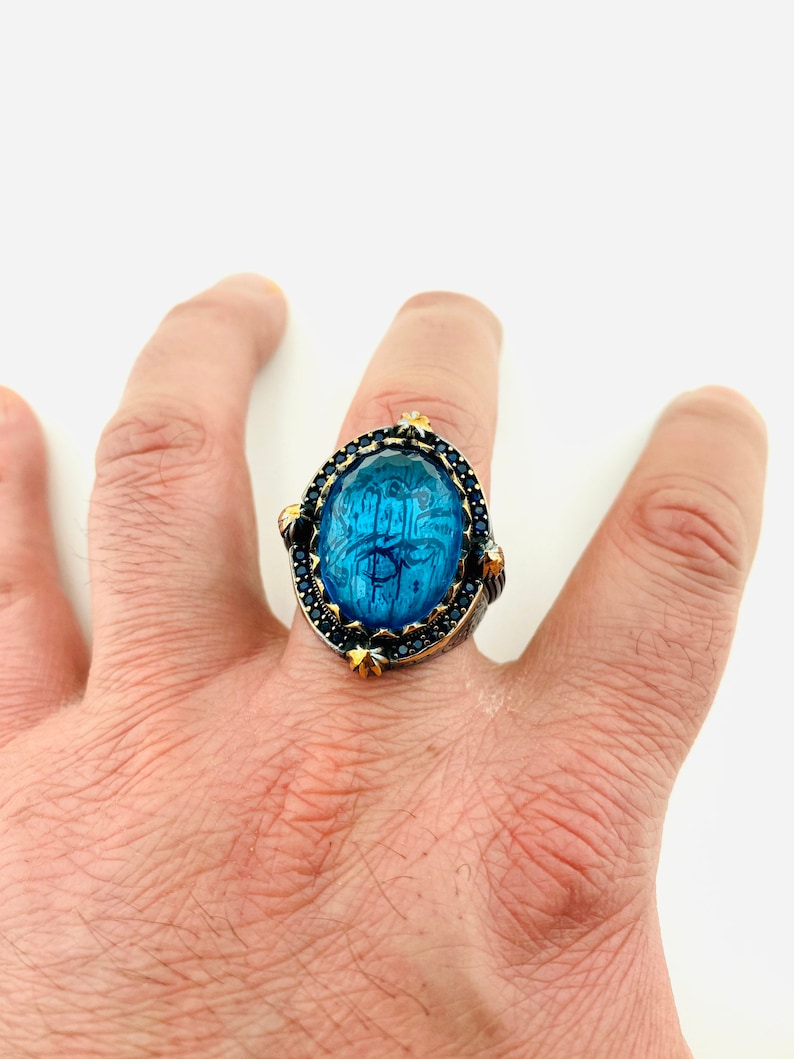 ISLAMIC Ring Delicate Antique Ring TURKISH RING 925 Silver Blue Gemstone Ring Gift for Friend Muslim Mystic Topaz Ring