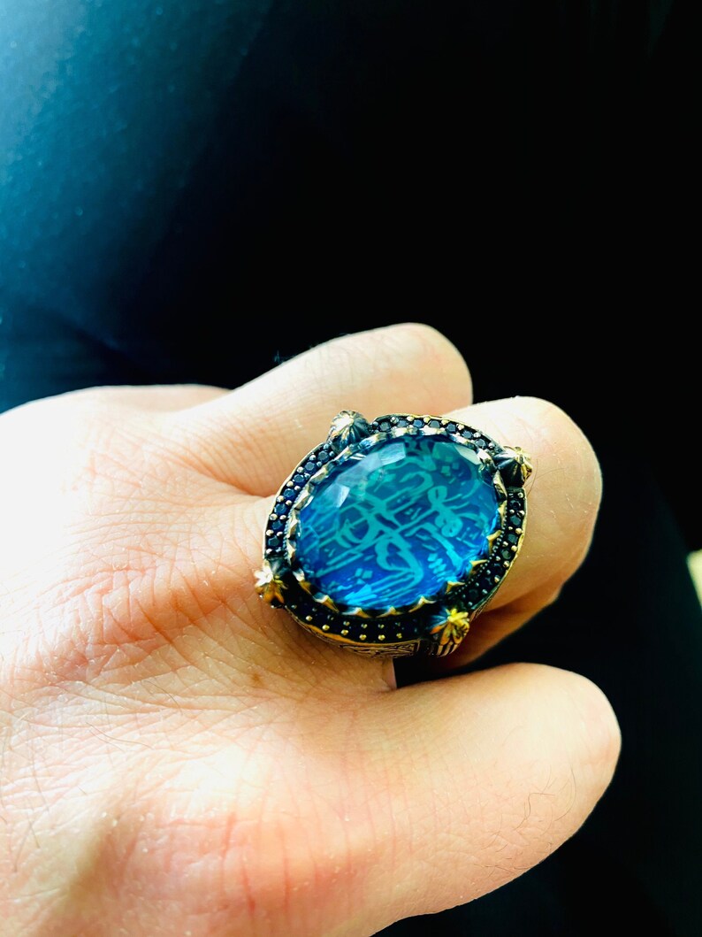 ISLAMIC Ring Delicate Antique Ring TURKISH RING 925 Silver Blue Gemstone Ring Gift for Friend Muslim Mystic Topaz Ring