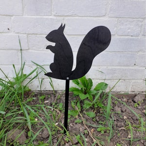 2x Black Coated Wood Squirrel Silhouette Figures on a 12&quot; / 30cm Black Metal Stem. New.