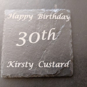 A Natural 4&quot;/10cm Square Slate Coaster Engraved Happy Birthday, Age & Name on.