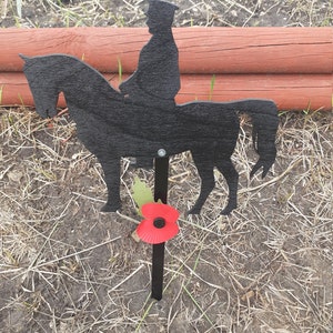 A Horseback Soldier Wooden Figure (8&quot; x 8&quot;) on a 9&quot; Metal Stake Grave Marker for Remembrance. NEW.