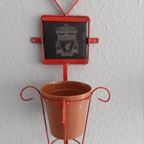 A Pyrographed 4" Slate of a Liverpool Football Emblem Metal Framed Wall Mounted Plant Pot Holder.