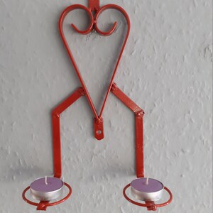 A Heart Feature Double Tea Light Holder Wall Mounted in Red.