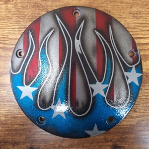 Redneckside Motorcycle Whips Custom Airbrushed Distressed Red, White & Blue Motorcycle Derby Cover dla Harley'a