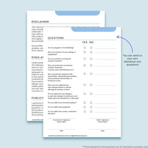 Puede incluir: Un formulario de consentimiento azul y blanco con una renuncia y preguntas sobre el historial m&eacute;dico y las alergias. El formulario incluye casillas de verificaci&oacute;n para respuestas de s&iacute; o no. El texto "&iexcl;Puedes enviarnos tu propia renuncia y preguntas!" est&aacute; en la esquina inferior derecha del formulario.
