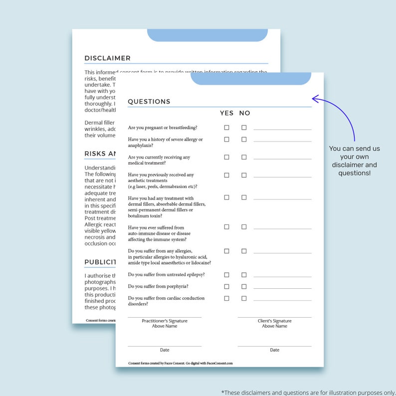 Puede incluir: Un formulario de consentimiento azul y blanco con una renuncia y preguntas sobre el historial m&eacute;dico y las alergias. El formulario incluye casillas de verificaci&oacute;n para respuestas de s&iacute; o no. El texto "&iexcl;Puedes enviarnos tu propia renuncia y preguntas!" est&aacute; en la esquina inferior derecha del formulario.