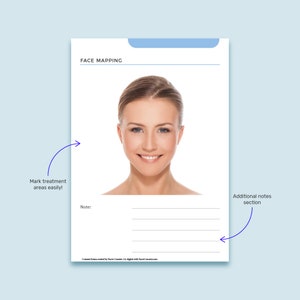 Puede incluir: Una plantilla de mapeo facial imprimible con la cara de una mujer en el centro. La plantilla tiene l&iacute;neas para marcar las &aacute;reas de tratamiento y una secci&oacute;n para notas adicionales.