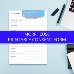Peut inclure: Un formulaire de consentement Morpheus8 imprimable sur une surface bleu clair. Le formulaire comprend des sections pour les informations personnelles, les détails du traitement et une zone de logo. Un ordinateur portable, un stylo et un bloc-notes sont également visibles.