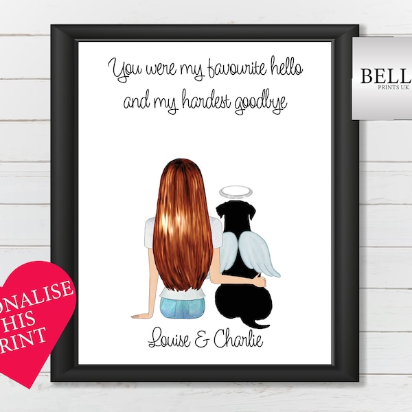 Personalised Dog Memorial Print, Dog Memorial Gift, Dog and Owner Gift, Dog Lovers Gift, Pet Loss Gift, Favourite Hello and Hardest Goodbye