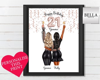 21st Birthday Gift for Her, Friend Present, Birthday Gift, Personalised Birthday Gift, Choice of Quote, Best Friend Portrait, Confetti, Gift