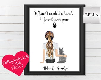 Personalised Handmade Cat Print, Custom Cat Owner Gift, Custom Family Pet Portrait, Personalized Gift, Cat and Owner Gift, Cat Lovers Gift