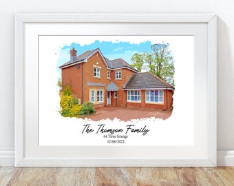 May include: Framed watercolor-style print of a two-story brick house with a tiled roof. The house has multiple windows and a small porch. The text "The Thomson Family" is written below the house, along with an address and date.
