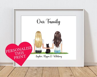 Personalised Couple Print, Female Couple Gift, Couple Illustration, Family Pet Print, Cat Owners Gift, Lesbian Anniversary, Cat Gift