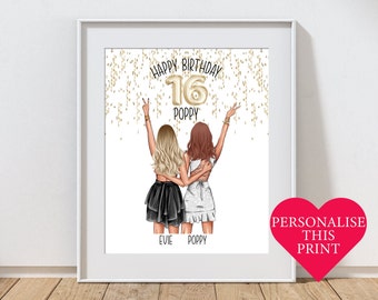 16th Birthday Gift for Her, Friend Present, 16th Birthday Gift, Personalised Birthday Gift, Best Friend Portrait, 16th Birthday For Her