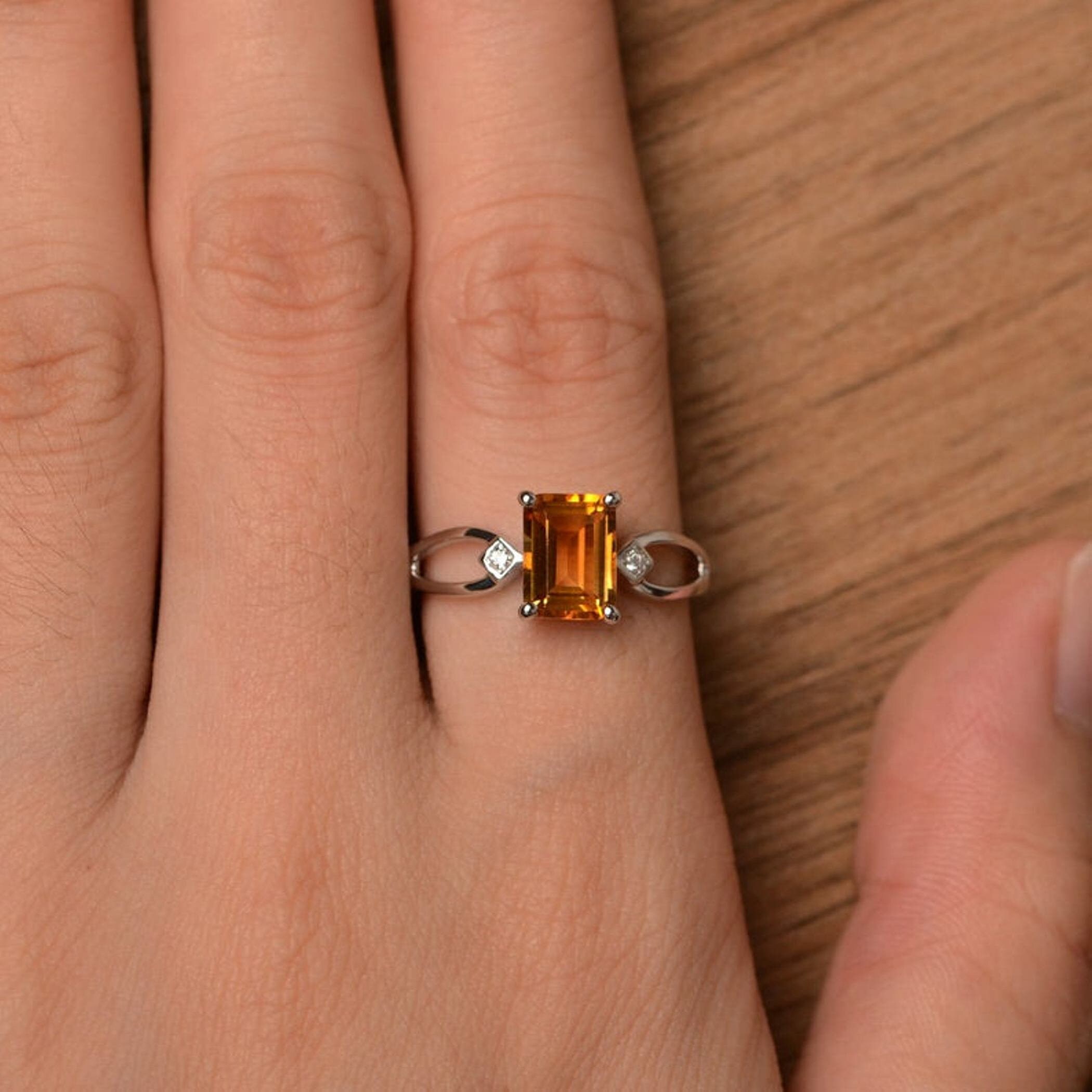 Natural Citrine Ring Emerald Cut Gemstone Ring Yellow Gemstone Etsy