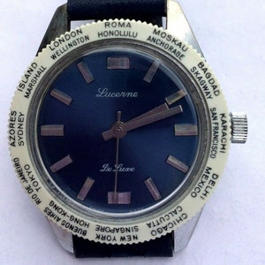 Lucerne de Luxe World Timer Dial Vintage Watch - Blue Dial - Swiss Made 1970's - In excellent condition image 3