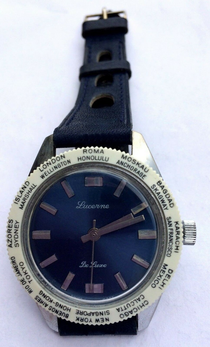 Lucerne de Luxe World Timer Dial Vintage Watch - Blue Dial - Swiss Made 1970's - In excellent condition image 3