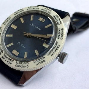 Lucerne de Luxe World Timer Dial Vintage Watch - Blue Dial - Swiss Made 1970's - In excellent condition image 4