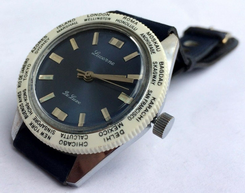 Lucerne de Luxe World Timer Dial Vintage Watch - Blue Dial - Swiss Made 1970's - In excellent condition image 4