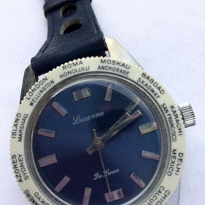 Lucerne de Luxe World Timer Dial Vintage Watch - Blue Dial - Swiss Made 1970's - In excellent condition image 6