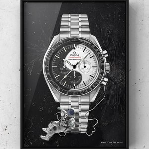 May include: A black and white illustration of a silver wristwatch with a black face and a white face. The watch is surrounded by a black background with white lines and a small astronaut figure. The watch face has the text "OMEGA Speedmaster PROFESSIONAL" and "TACHYMETRE" printed on it. The text "WIND IT ON THE MOVE" is printed at the bottom of the image.