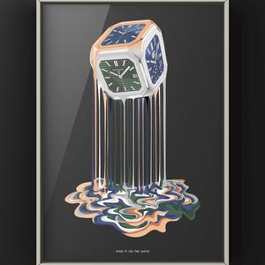 May include: A silver and rose gold watch with a blue and green face is melting into a puddle of blue, green, and orange paint. The text "WIND IT ON THE MOVE" is printed below the watch.