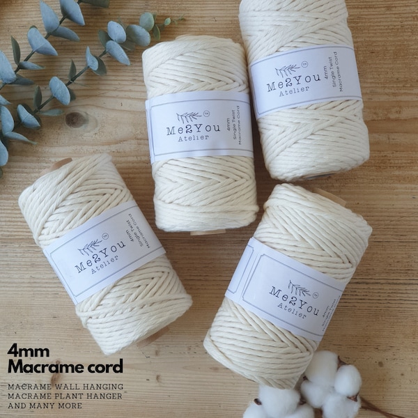 1 roll of 4mm Macrame Cotton Cord x 90m Single Twisted Rope for Macrame Project, Wall Hanging, Plant Hangers, Key Chains, Coasters