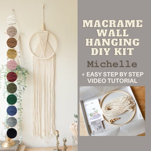May include: Macrame wall hanging DIY kit with a white cord and wooden ring. The kit includes a step-by-step video tutorial and a variety of cord colors to choose from.
