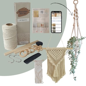 May include: Macrame DIY kit for beginners, featuring a beige macrame wall hanging, a wooden dowel rod, a roll of beige cord, wooden rings, wooden beads, a black comb, two metal hooks, and a small beige macrame wall hanging.