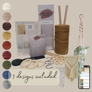 May include: Macrame DIY kit for beginners, featuring a variety of supplies including natural cord, wooden rings, dowels, and hooks. The kit also includes instructions and patterns for three different macrame wall hanging designs.