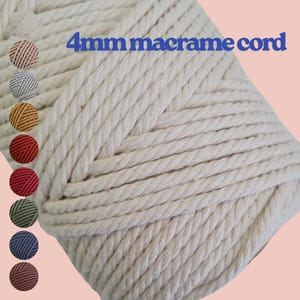 May include: A close-up of a large spool of off-white 4mm macrame cord. The text "4mm macrame cord" is in blue. A colour palette of macrame cord samples in various colours, including white, brown, blue, yellow, red, green, and purple, is on the left.