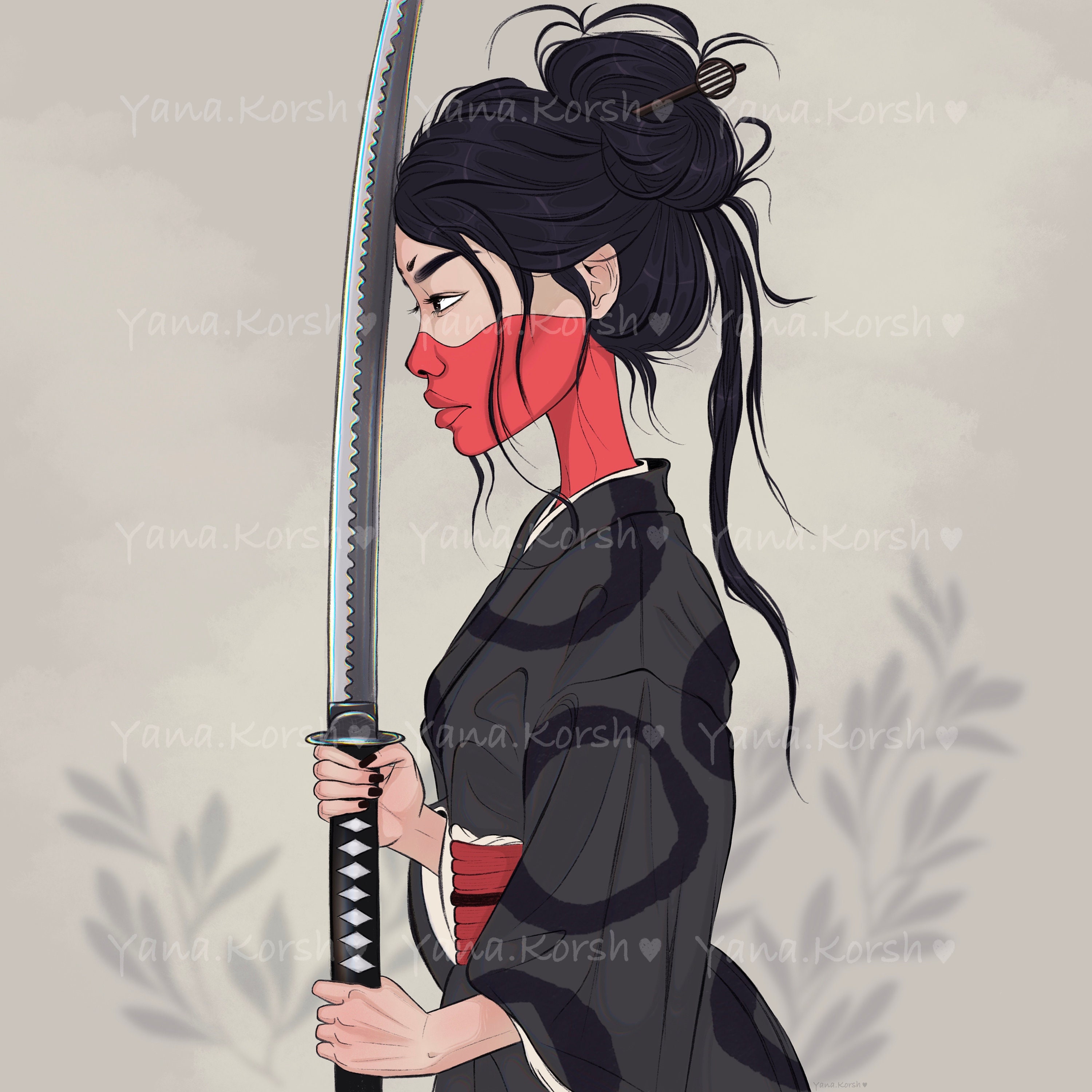 Digital Download Illustration Japanese Girl Art Girl In Kimono Geisha Art Instant Download Wall Art Katana Art Samurai Girl