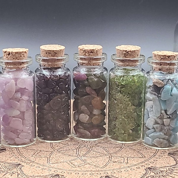 High Quality Crystal Chip Bottles - Larimar, Peridot, Tourmaline, Aquamarine, Kunzite,, Garnet, Amethyst - Spell Bottles and Jars