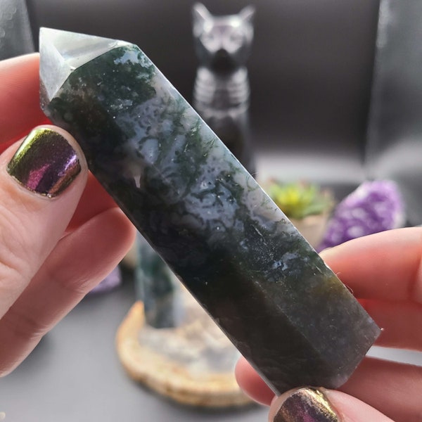 Moss Agate Towers – Polished Green & White Crystal Points – 5 Size Options – Intuitively Selected