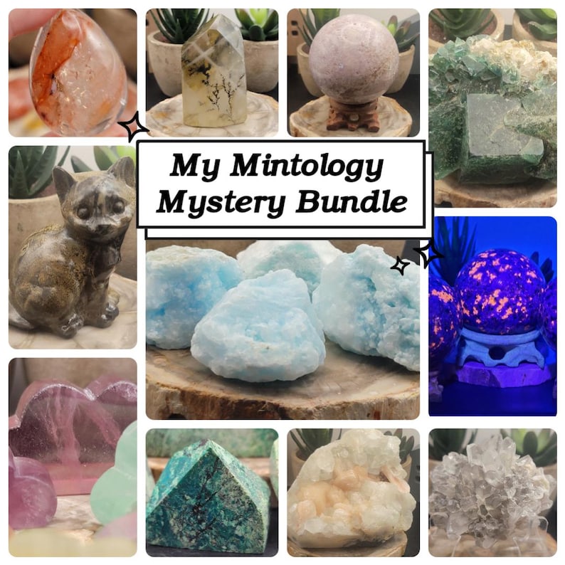 May include: A variety of crystals and minerals in a mystery bundle. The bundle includes a cat figurine, a clear crystal with a tree inside, a pink sphere, a green crystal, a blue crystal, a green pyramid, a white crystal, and a clear crystal with a purple glow.