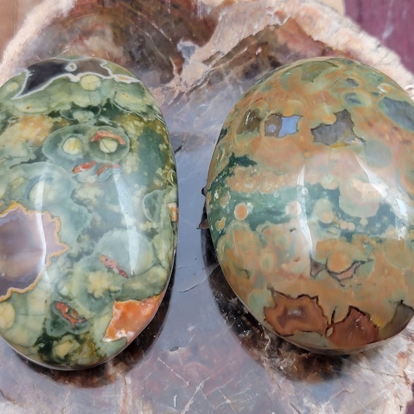Rainforest Jasper Polished Palm Stones - Green and Brown Rhyolite with Agate Palm Stones