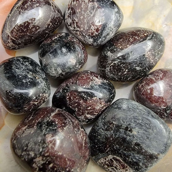 Garnet and Arfvedsonite Tumbles - Garnet and Arfvedsonite Tumbled Stones - Crystal Stones