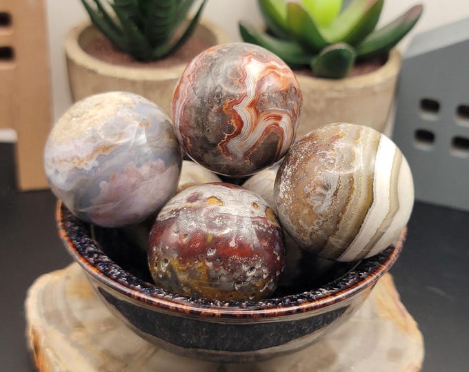 Featured listing image: Mexican Crazy Lace Agate Spheres – Natural Crystal Ball with Raw Patches, and Bold Semi-Rough Color Zoning